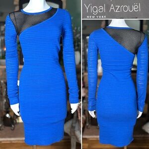 Yigal Azrouel Blue & Black Long Sleeve Bodycon Sweater Dress w/ Mesh Panel Sz S